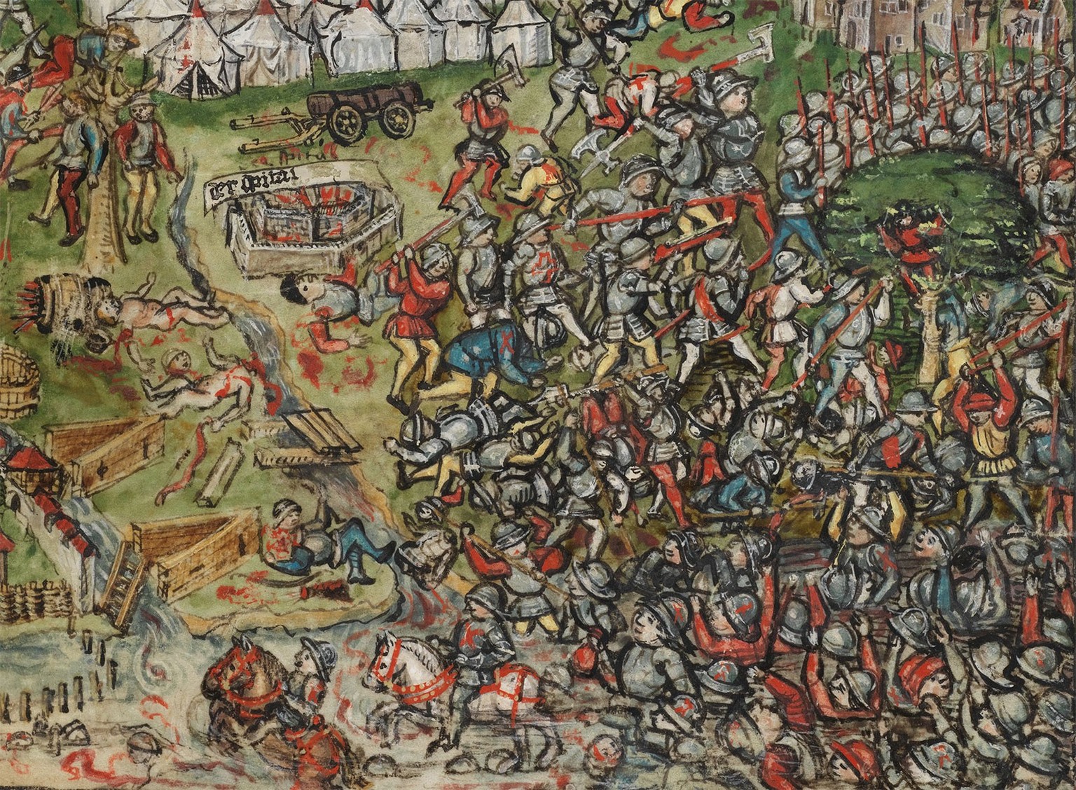 Alourdis par leur armure, des centaines de soldats bourguignons se noient dans le lac de Morat. Extrait d’une illustration de la chronique de la Confédération du Lucernois Diebold Schilling, vers 1513 ...