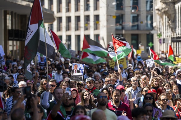 epa12109533 Protesters take part in a rally in solidarity with the Palestinian people and in commemoration of the 1948 Nakba, in Geneva, Switzerland, 17 May 2025. Nakba Day (Day of the Catastrophe) is ...
