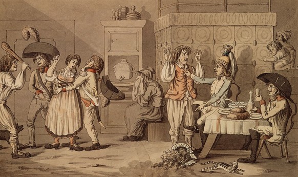 En ville comme à la campagne, la présence des troupes françaises coûte cher et irrite la population. Caricature de David Hess-Hirzel.
https://sammlung.nationalmuseum.ch/de/list?searchText=Einquartieru ...