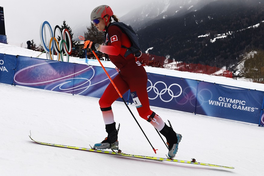 epa12764664 Marianne Fatton of Switzerland in action during the Mixed Relay Ski Mountaineering competition at the Milano Cortina 2026 Winter Olympic Games, in Stelvio, Italy, 21 February 2026. EPA/GUI ...