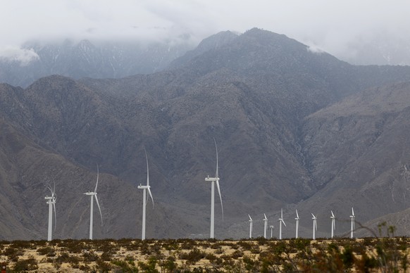 epa11943604 Wind turbines in Riverside County, California, USA, 05 March 2025. On US President Donald Trump's first day in the Oval Office, he signed an executive order that attempts to slow grow ...