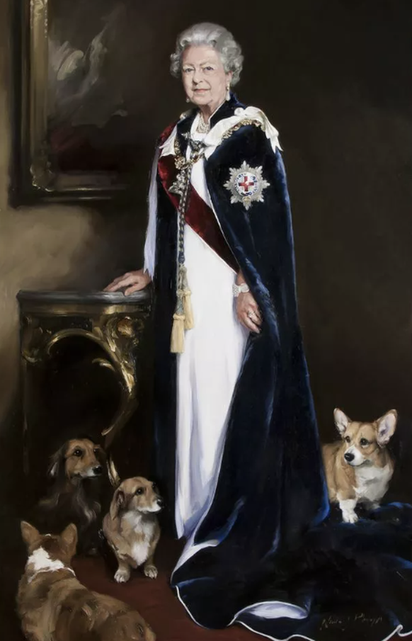 La Reine et ses quatre corgis, sous le pinceau de Nicky Philipps.