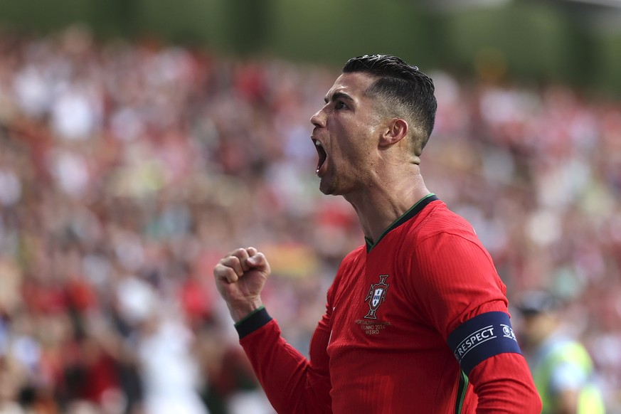 Portugal&#039;s Cristiano Ronaldo celebrates after scoring against Ireland during a friendly soccer match between Portugal and Ireland at the Aveiro Municipal stadium in Aveiro, Portugal, Tuesday, Jun ...