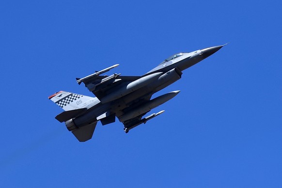 epa11890830 A United States of America Air Force F-16 Falcon supersonic, single-engine fighter jet during the 15th &#039;Aero India&#039; air show at the Yelahanka Air Force Station in Bangalore, Indi ...