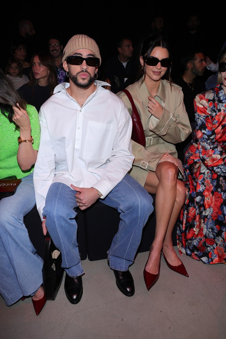 Bad Bunny and Kendall Jenner are seen at Gucci Ancora during Milan Fashion Week on September 22, 2023 in Milan, Italy. (Photo by Jacopo M. Raule/Getty Images for Gucci)