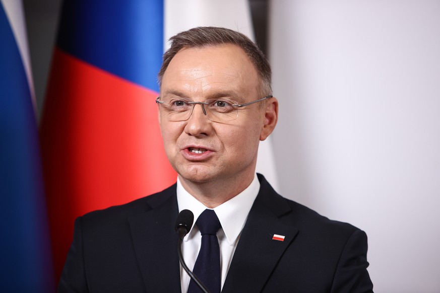 epa11781037 Polish President Andrzej Duda speaks at a press conference following a plenary session of the Presidents of the Visegrad Group countries meeting in Wisla, southern Poland, 16 December 2024 ...