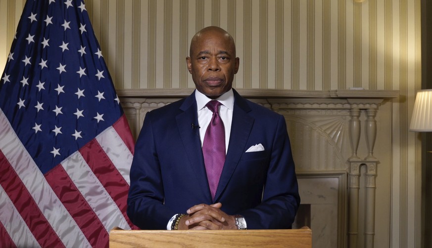 This image taken from video released by New York City Office of the Mayor, Wednesday, Sept. 25, 2024, shows mayor Eric Adams speaking during a videotaped statement. (New York City Office of the Mayor  ...