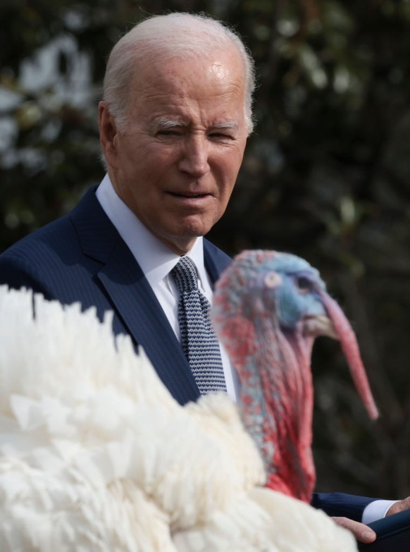 WASHINGTON, DC - NOVEMBER 20: U.S. President Joe Biden pardons the National Thanksgiving turkeys Liberty (shown) and Bell during a ceremony on the South Lawn of the White House on November 20, 2023 in ...