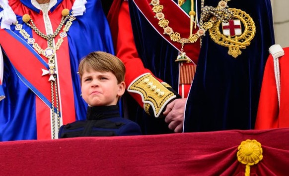 LONDON, ENGLAND - MAY 06: Sophie, Duchess of Edinburgh, Princess Charlotte, Prince Louis, Catherine, Princess of Wales and Prince William, Prince of Wales stand on the balcony of Buckingham Palace dur ...