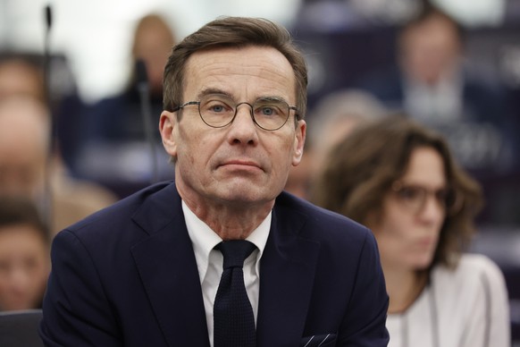 epa10410407 Swedish Prime Minister Ulf Kristersson looks on during the presentation of the programme of activities of the Swedish Presidency, at the European Parliament in Strasbourg, France, 17 Janua ...