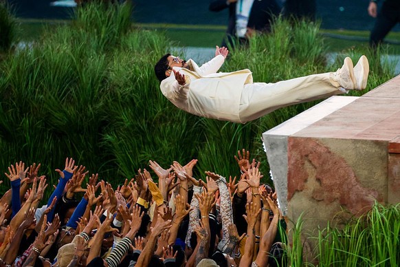 Bad Bunny performs during the half time show at Super Bowl LX between the Seattle Seahawks and New England Patriots in Santa Clara, Calif. on Sunday, Feb. 8, 2026. (Photo by Stephen Lam/San Francisco  ...