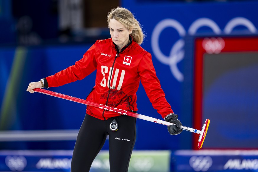 Silvana Tirinzoni of Switzerland reacts during the women's curling gold medal game between Switzerland and Sweden at the 2026 Olympic Winter Games in Cortina d'Ampezzo, Italy, on Sunday, Feb ...