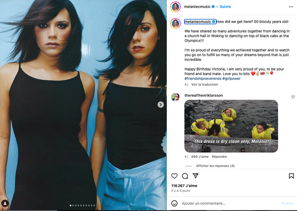 Mel C et ses bons voeux à Victoria Beckham pour son anniversaire.