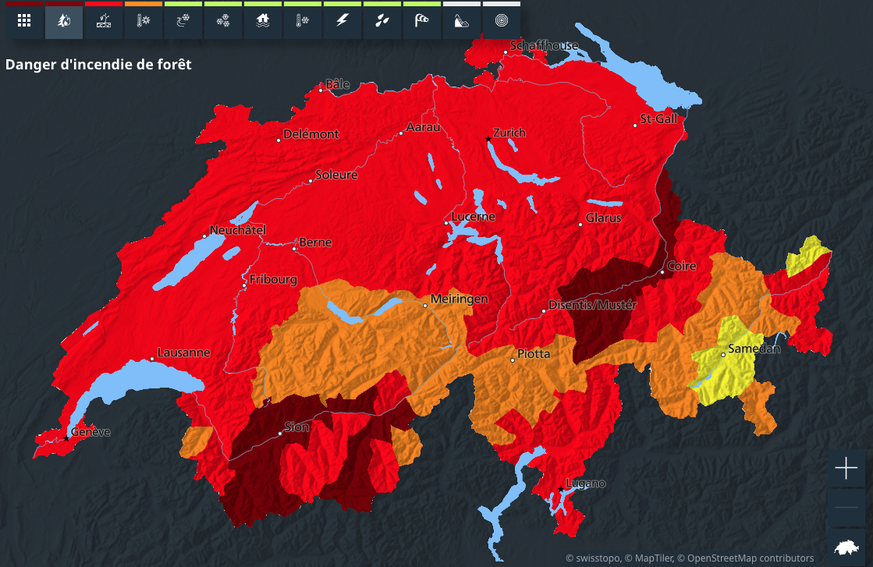 La carte du danger d'incendie de forêt est au rouge sur pratiquement tout le territoire le 11 juillet 2026.