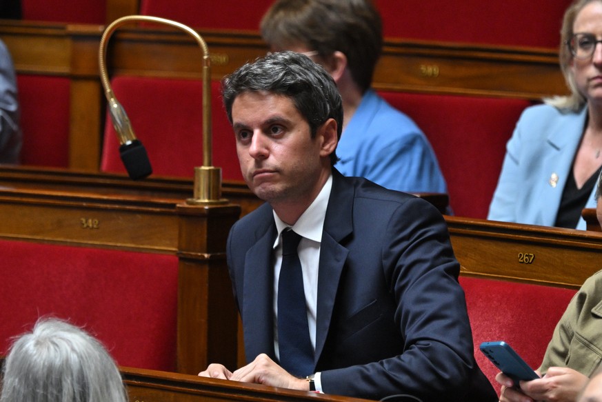 epa13011344 General Secretary of the French centrist party Renaissance Gabriel Attal at the weekly session of questions to the government at the National Assembly in Paris, France, 02 June 2026. EPA/F ...