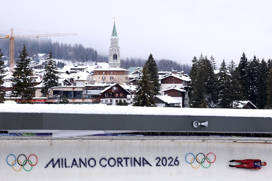 CORTINA D'AMPEZZO, ITALY - FEBRUARY 05: Gints Berzins of Team Latvia in action during a training run on day minus one of the Milano Cortina 2026 Winter Olympic games at Cortina Sliding Centre on  ...