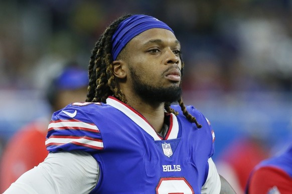 FILE - Buffalo Bills safety Damar Hamlin looks on during the second half of an NFL football game against the Cleveland Browns, Nov. 20, 2022, in Detroit. Hamlin collapsed on the field and appeared to  ...