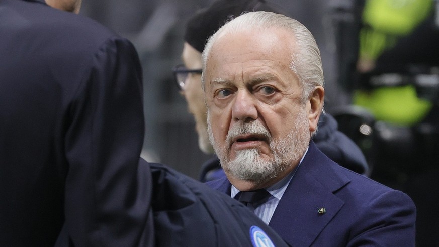 epa10482290 SSC Napoli President Aurelio De Laurentiis reacts ahead of the UEFA Champions League, Round of 16, 1st leg between Eintracht Frankfurt and SSC Napoli in Frankfurt, Germany, 21 February 202 ...