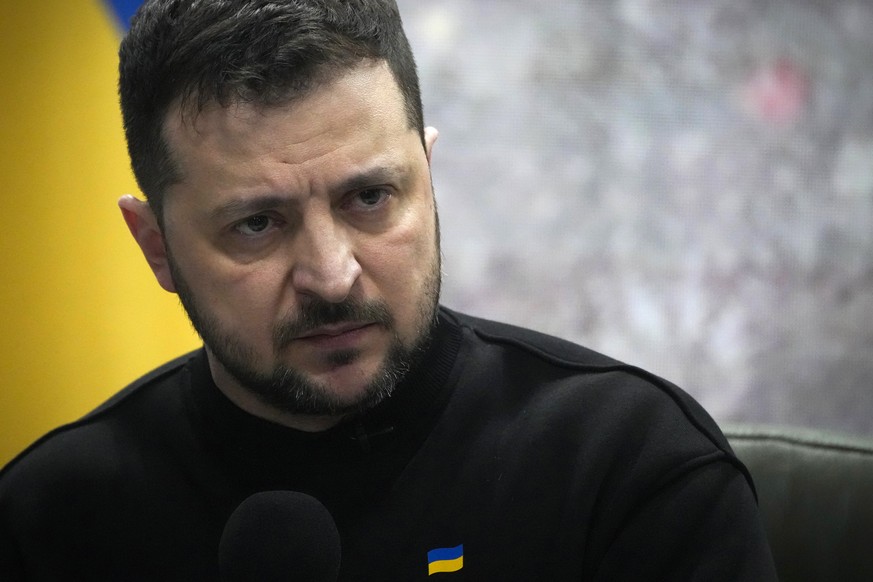 Ukrainian President Volodymyr Zelenskyy speaks during his press conference on the occasion of the Russia Ukraine war one year anniversary in Kyiv, Ukraine, Friday, Feb. 24, 2023. (AP Photo/Efrem Lukat ...