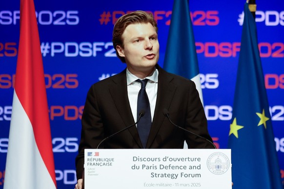epa11955466 Dutch Defense Minister Ruben Brekelmans delivers a speech during the opening of the Paris Defence and Strategy Forum at the Ecole Militaire, in Paris, France, 11 March 2025. The Paris Defe ...