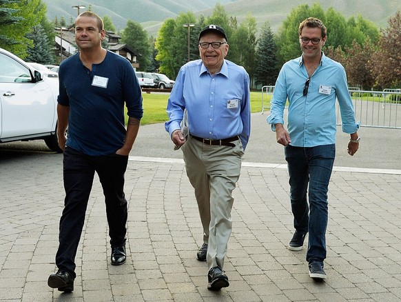 SUN VALLEY, ID - JULY 10: Media mogul Rupert Murdoch (C) executive chairman of News Corporation and chairman and CEO of 21st Century Fox; James Murdoch, (R) son of Rupert Murdoch and the deputy chief  ...