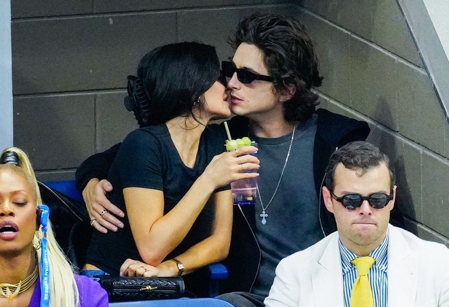 NEW YORK, NEW YORK - SEPTEMBER 10: Kylie Jenner and Timothée Chalamet are seen at the Final game with Novak Djokovic vs. Daniil Medvedev at the 2023 US Open Tennis Championships on September 10, 2023  ...