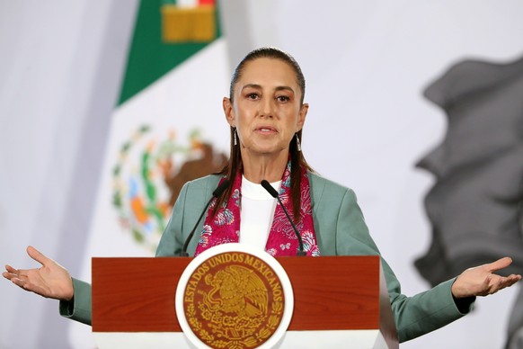 epa13041820 Mexican President Claudia Sheinbaum speaks during a press conference at the National Palace in Mexico City, Mexico, 16 June 2026. EPA/Mario Guzman