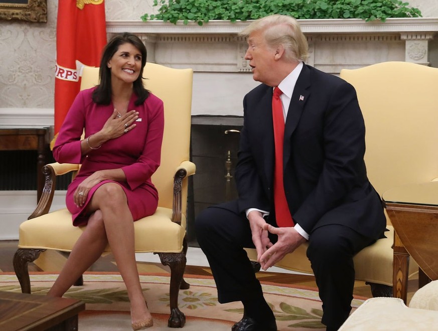 WASHINGTON, DC - OCTOBER 09: U.S. President Donald Trump announces that he has accepted the resignation of Nikki Haley as US Ambassador to the United Nations, in the Oval Office on October 9, 2018 in ...