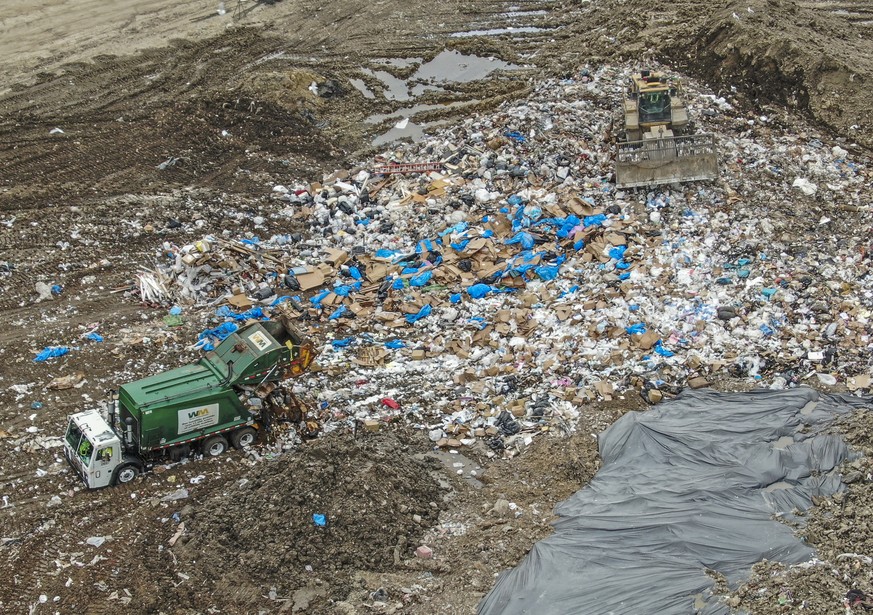 epa09929301 An aerial photo made with a drone shows a WM recycling and sorting facility in Grayslake, Illinois, USA, 05 May 2020. According to the US Department of Energy's National Renewable Ene ...