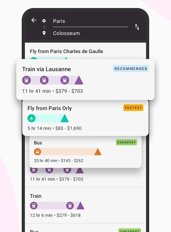 Trouvez et comparez le meilleur itinéraire de voyage en utilisant différents moyens de transport.