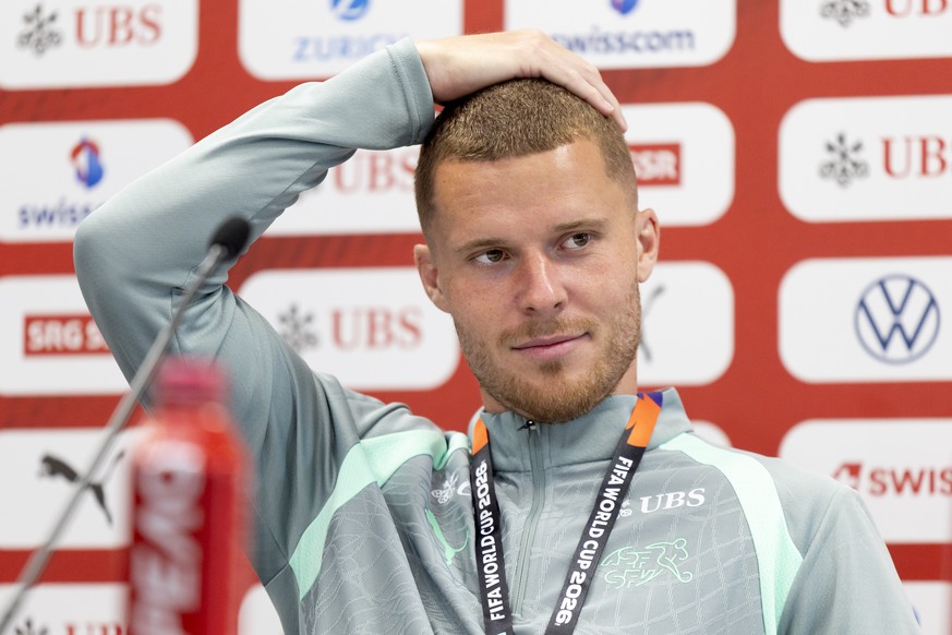 Switzerland's Nico Elvedi speaks during a press conference of the Swiss national soccer team at the SDJA in San Diego, California, USA, Thursday, June 4, 2026, ahead of the 2026 FIFA World Cup so ...