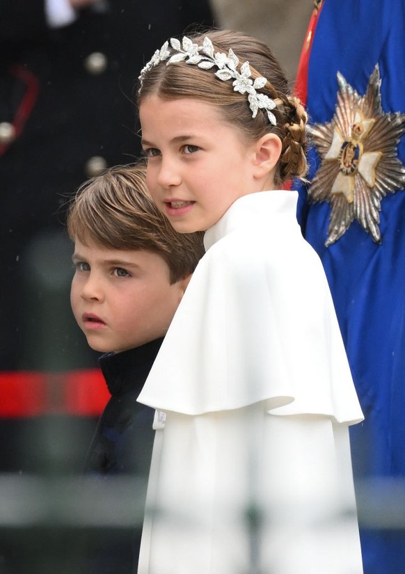 LONDON, ENGLAND - MAY 06: Prince Louis and Princess Charlotte arrive at Westminster Abbey for the Coronation of King Charles III and Queen Camilla on May 06, 2023 in London, England. The Coronation of ...