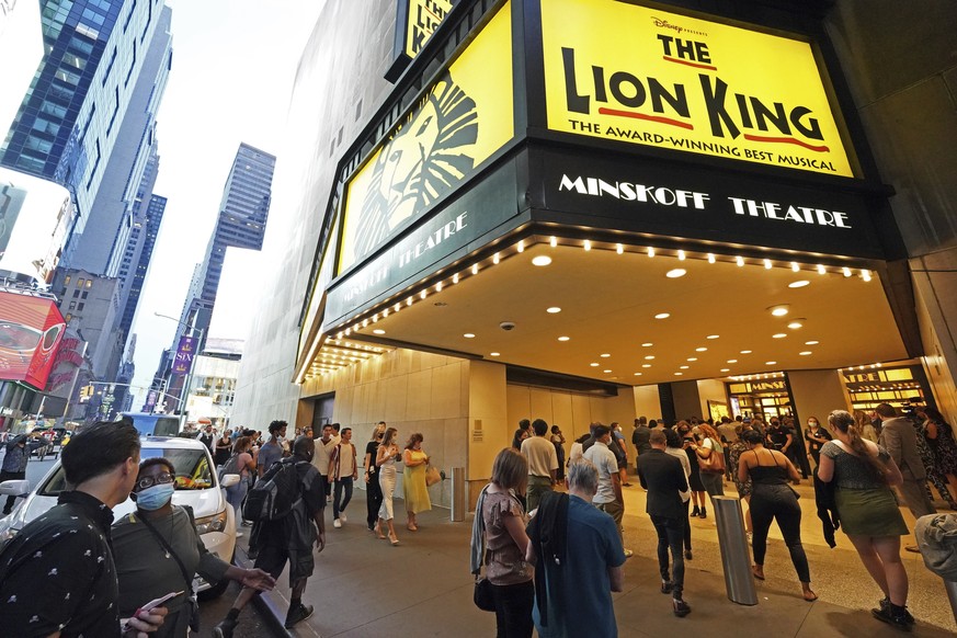 Performances of &quot;The Lion King&quot; on Broadway resume at the Minskoff Theatre, on Tuesday, Sept. 14, 2021, in New York. (Photo by Charles Sykes/Invision/AP)