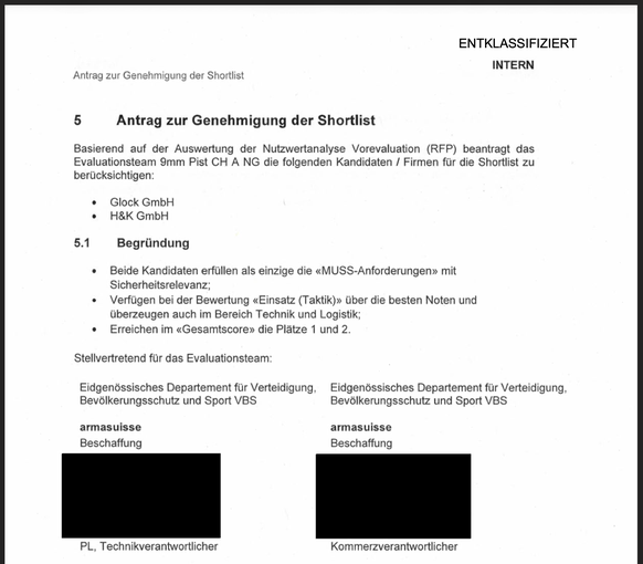 Armasuisse-Bericht Vorevaluationsverfahren neue Schweizer Armeepistole (2024), Glock, HK, SIG Sauer.