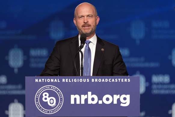 FILE - Kevin Roberts, president of The Heritage Foundation, speaks at the National Religious Broadcasters convention at the Gaylord Opryland Resort and Convention Center Feb. 22, 2024, in Nashville, T ...