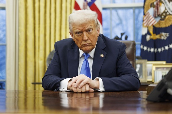 epa11889306 US President Donald J. Trump gives remarks to the media in the Oval Office of the White House, as he meets with US entrepreneur and U.S. special government employee Elon Musk, in Washingto ...