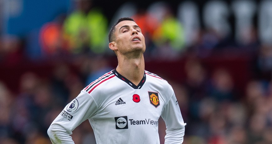 epa10290416 Manchester United&#039;s Cristiano Ronaldo reacts during the English Premier League soccer match between Manchester City and Fulham at Villa Park in Birmingham, Britain, 06 November 2022.  ...