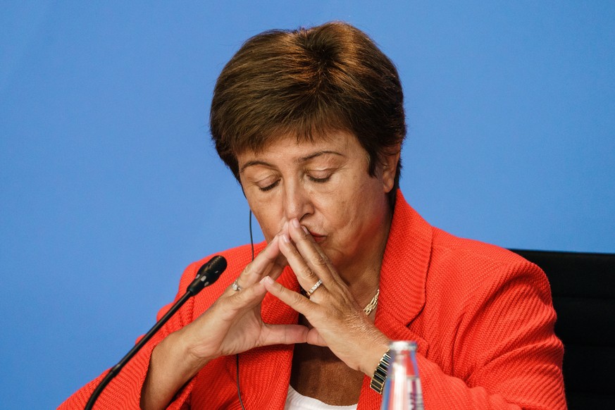 epa09431004 Managing Director of the International Monetary Fund (IMF) Kristalina Georgieva looks on during a press conference on the occasion of a meeting with economic and financial organizations in ...