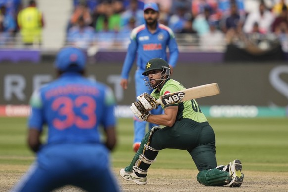 Pakistan&#039;s Salman Ali Agha plays a shot during the ICC Champions Trophy cricket match between India and Pakistan at Dubai International Cricket Stadium, United Arab Emirates, Sunday, Feb. 23, 202 ...
