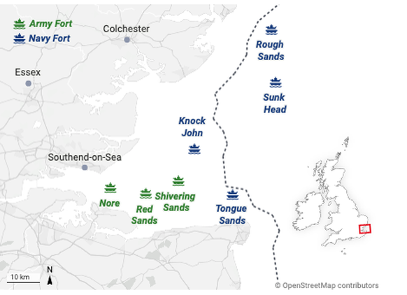 Voici l'histoire de ces étranges forteresses britanniques anti-nazis: carte des forts Maunsell