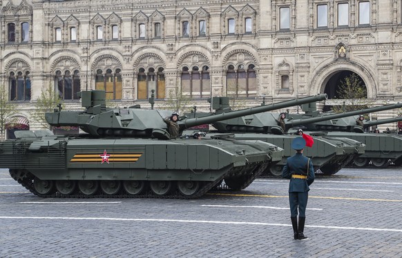 epa09935436 Russian next-generation Russian main battle tanks T-14 Armata roll through the Red Square during the Victory Day military parade in Moscow, Russia, 09 May 2022. Russia marks Victory Day,