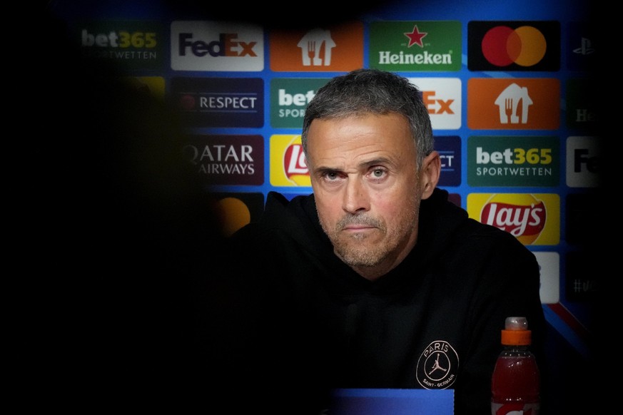 PSG&#039;s head coach Luis Enrique attends a news conference in Munich, Germany, Monday, Nov. 25, 2024, ahead of the Champions League opening phase soccer match between FC Bayern and PSG. (AP Photo/Ma ...