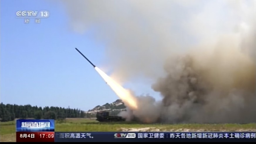 In this image taken from video footage run by China&#039;s CCTV, a projectile is launched from an unspecified location in China, Thursday, Aug. 4, 2022. China says it conducted &quot;precision missile ...