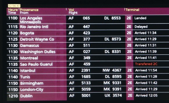 View of the Arrival Board at Paris Charles De gaulle airport announcing, at top, that the flight from Rio de Janeiro was delayed, after it was known that an Air France Airbus A330 was missing between  ...