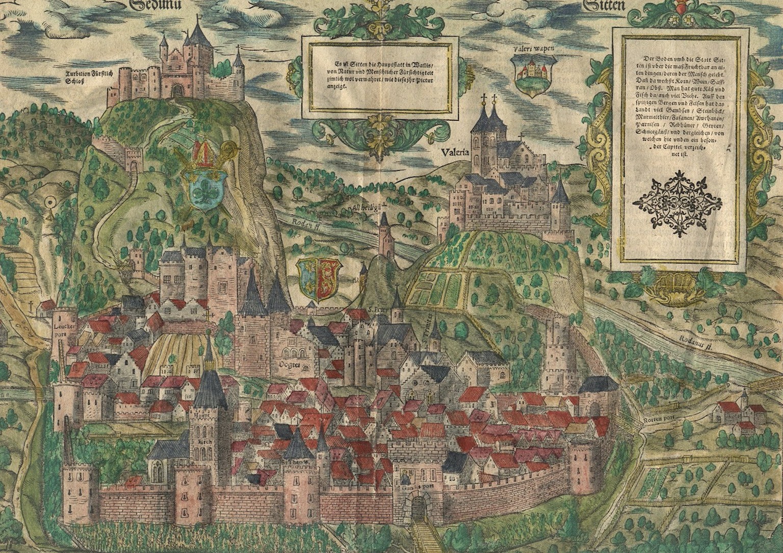 Sion vers 1588. Panorama dans la Cosmographia Universalis de Sebastian Münster.
https://notrehistoire.ch/entries/aZnYJLM38ok