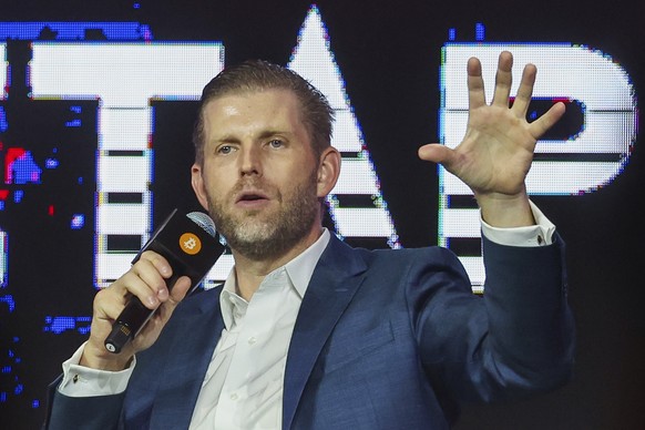 Eric Trump, Executive Vice President of the Trump Organization and son of United States President Donald Trump, speaks during the Bitcoin Asia 2025, at the Hong Kong Exhibition Centre in Hong Kong, on ...