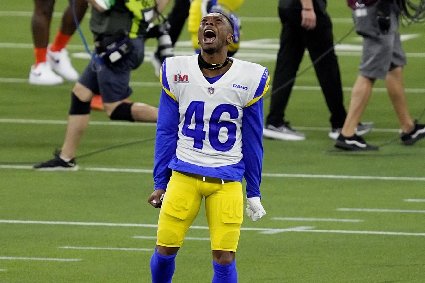 Los Angeles Rams defensive back Grant Haley (46) celebrates during the second half of the NFL Super Bowl 56 football game against the Cincinnati Bengals Sunday, Feb. 13, 2022, in Inglewood, Calif. The ...