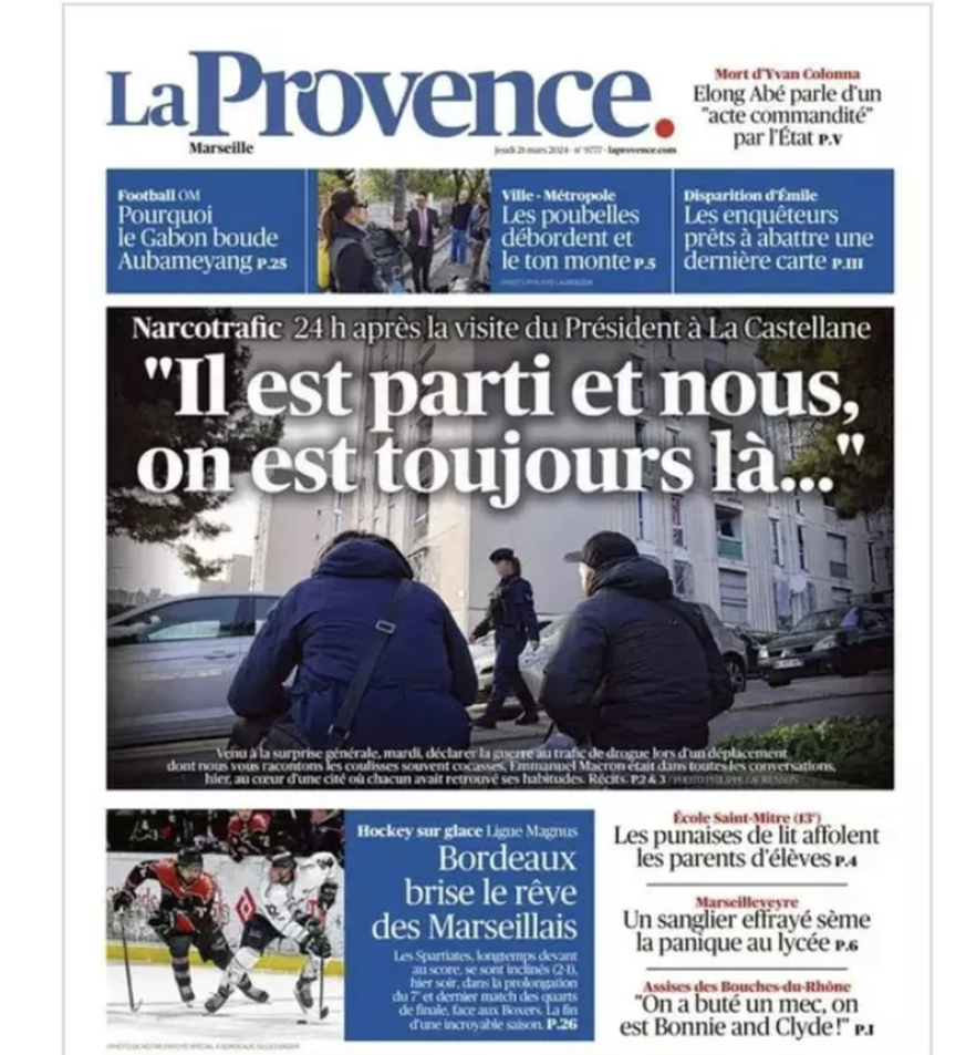 La Une du quotidien régional La Provence provoque des remous suite à la visite d&#039;Emmanuel Macron à Marseille, dans le cadre du combat contre le trafic de drogue qui gangrène la ville.
