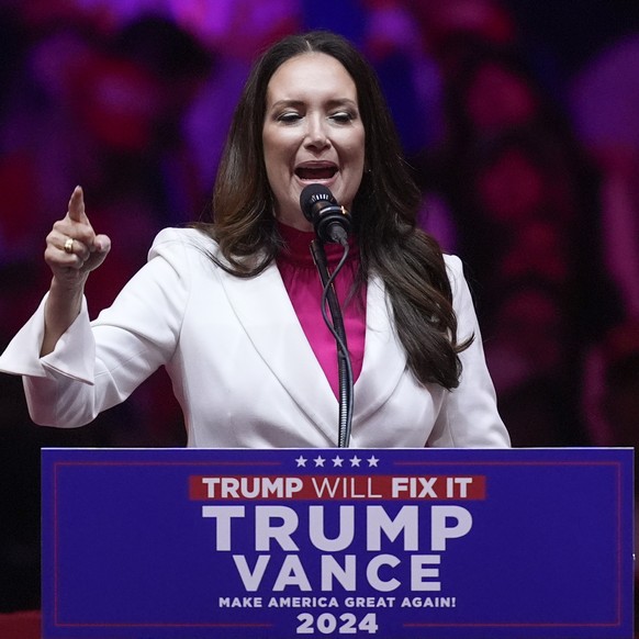 Brooke Rollins speaks before Republican presidential nominee former President Donald Trump speaks at a campaign rally at Madison Square Garden, Sunday, Oct. 27, 2024, in New York. (AP Photo/Evan Vucci ...