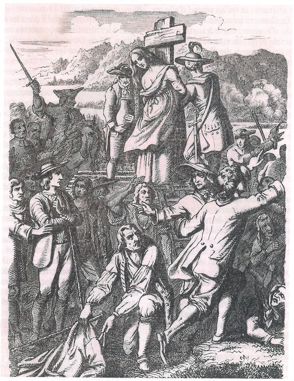 Femme suisse accusée de sorcellerie et condamnée au bûcher (gravure, vers 1700)